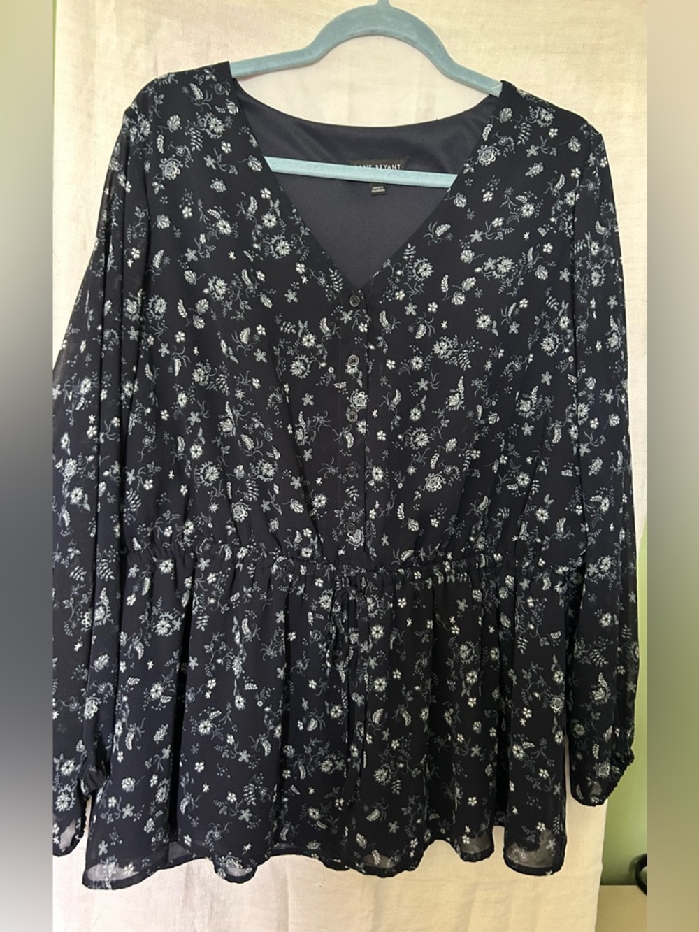 Lane Bryant Navy Blouse with Light Blue Trim